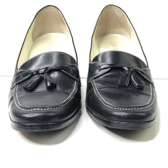 Ralph Lauren Black Leather Shoes Size 9 B Heeled Loafers Block Heels Bow Slip On - Picture 3 of 10